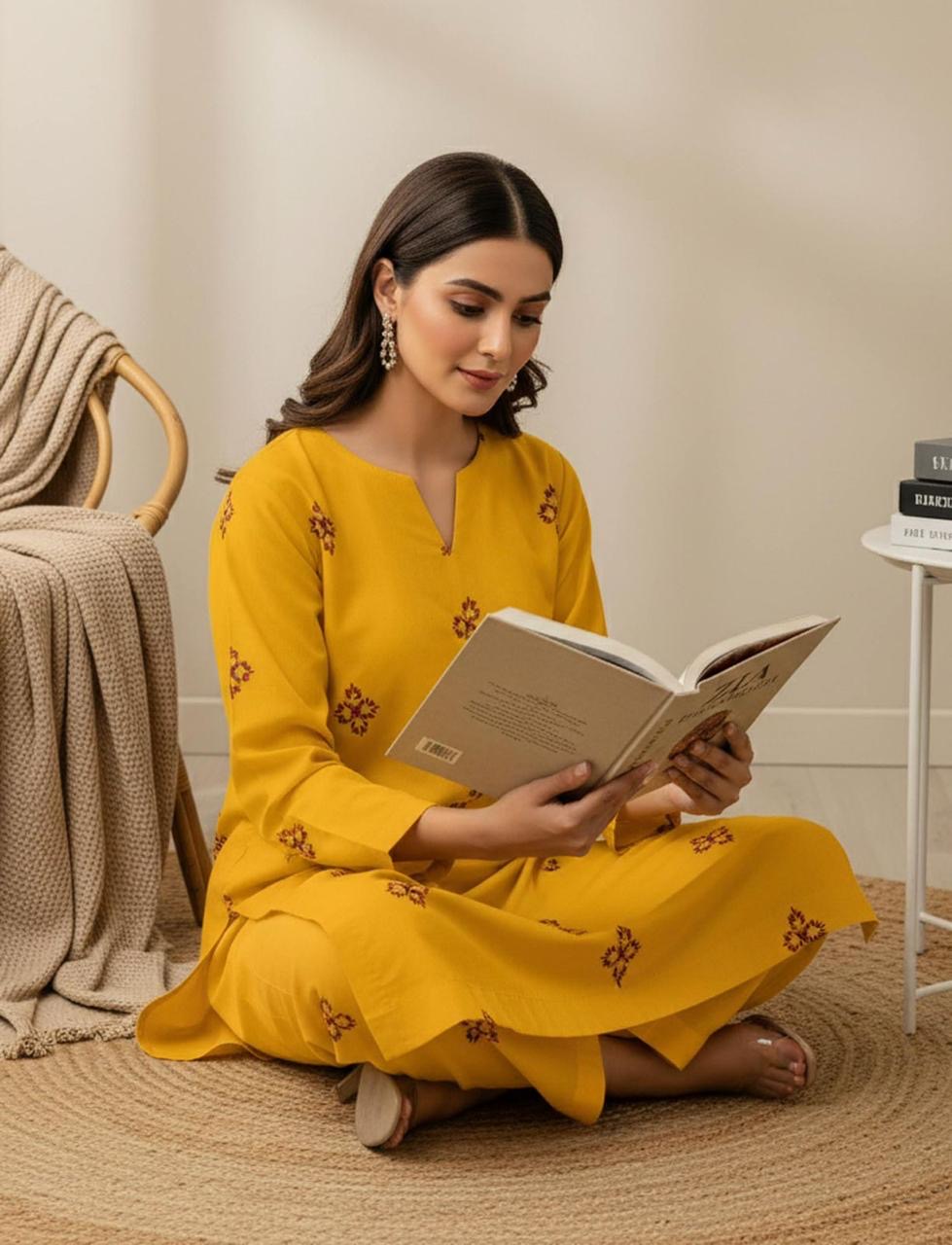 Linen Yellow Embroidered Suit 2PC Unstitched view 2