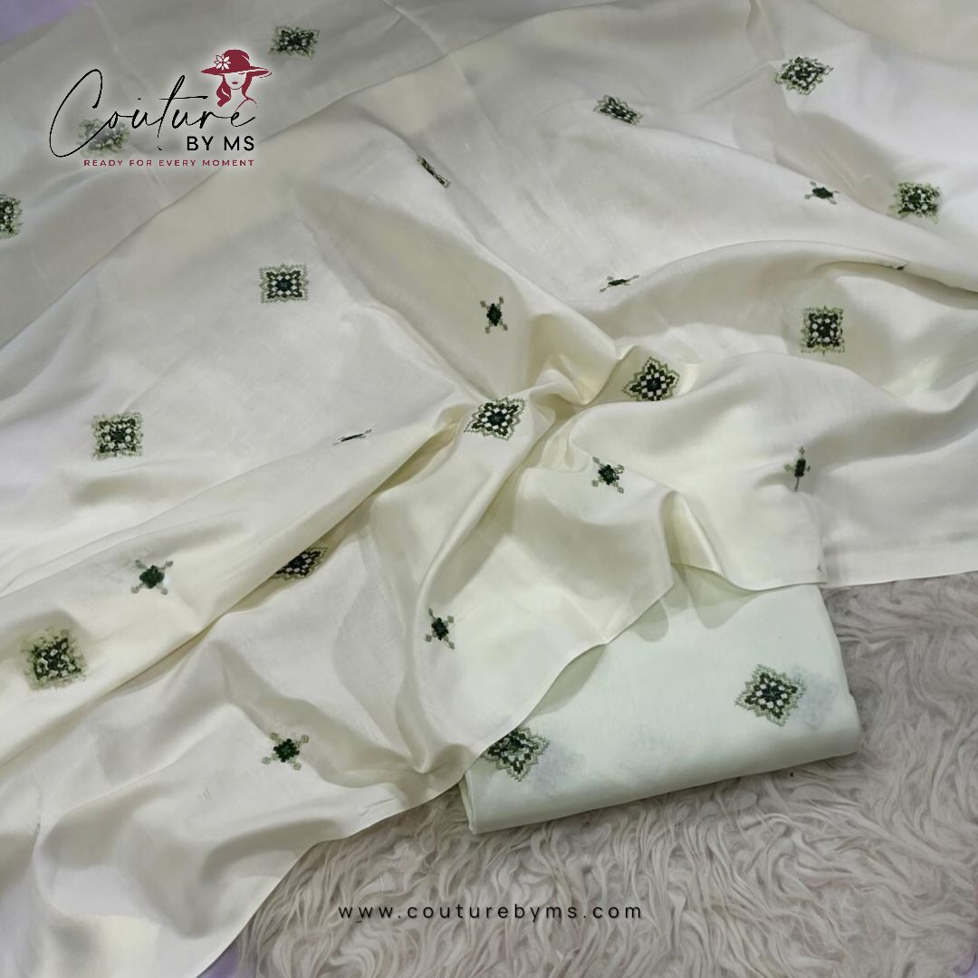 Linen Embroidered White Suit 2PC Unstitched view 3