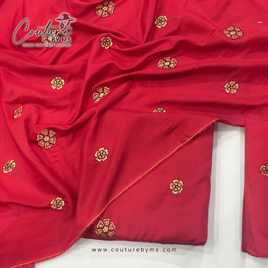 Linen Embroidered Red Suit 2PC Unstitched view 3