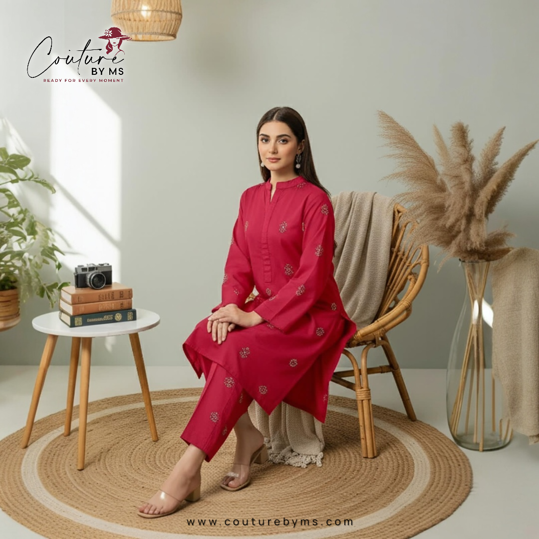 Linen Embroidered Red Suit 2PC Unstitched view 2