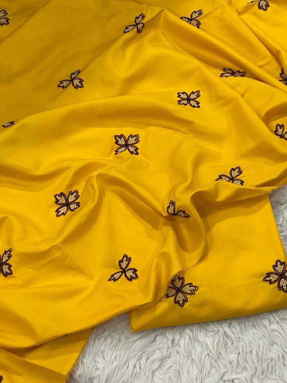 Linen Yellow Embroidered Suit 2PC Unstitched view 3